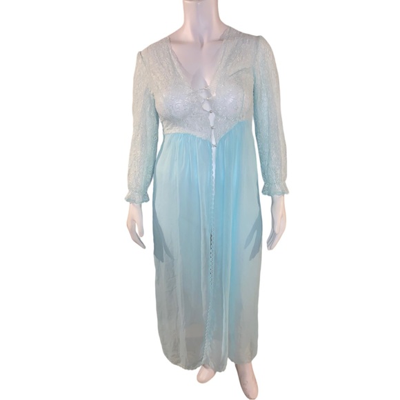 Vintage Sleepwear Sugar Plum Large Light Blue Gown Chemise Lace Fly Away Front - Picture 1 of 16